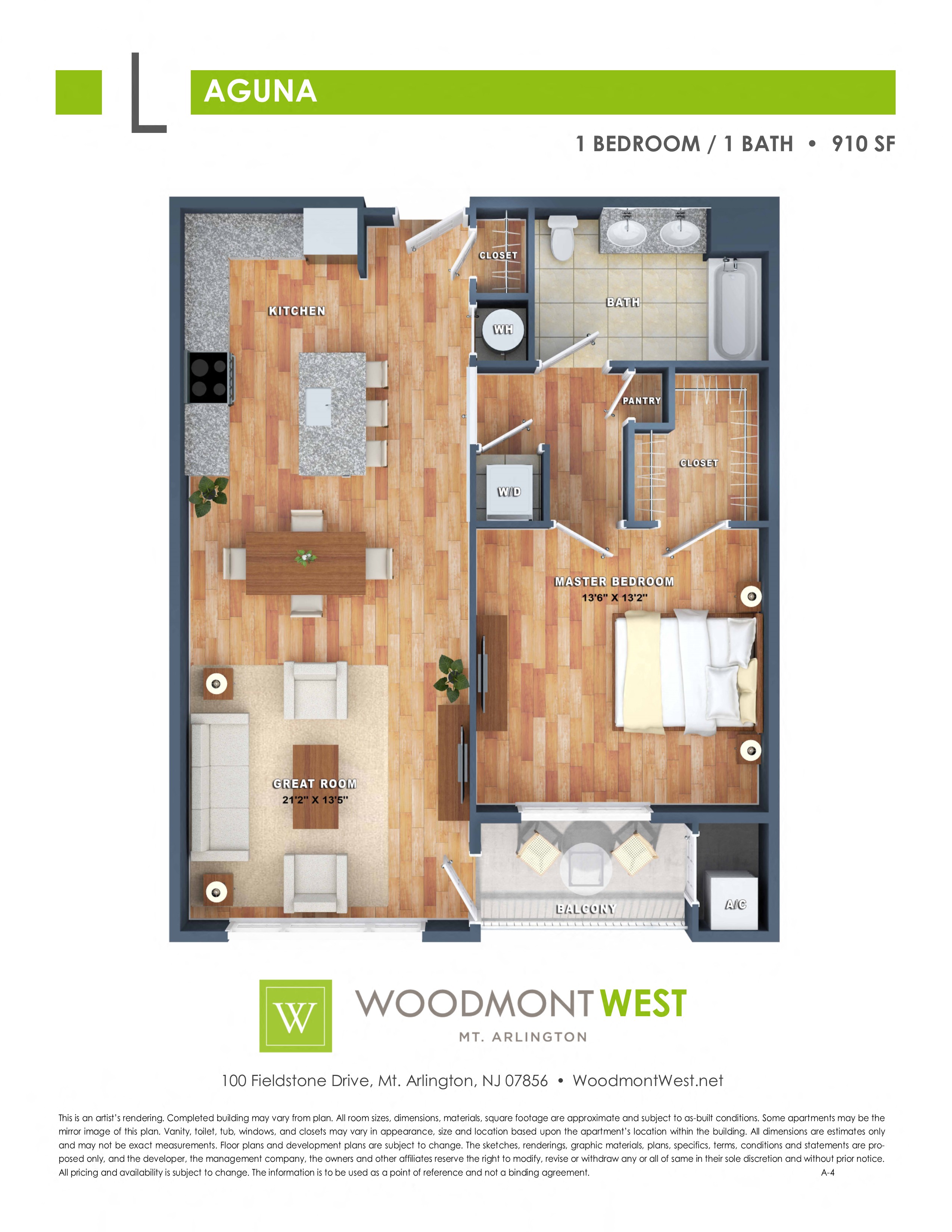 Floor plan for 1 bed, 1 bath, 910 sqft